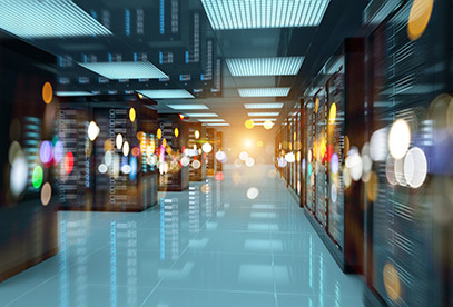 Servers data center room with bright bokeh light going through t
